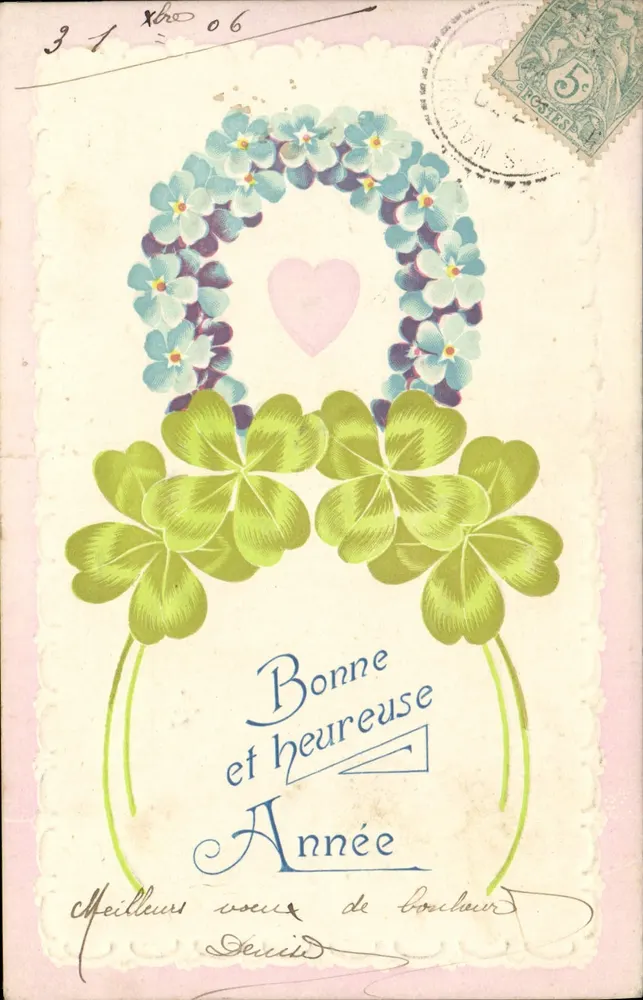 Bonne et heureuse Année — kwiaty i trójkąty — wydawca nie widoczny - Awers