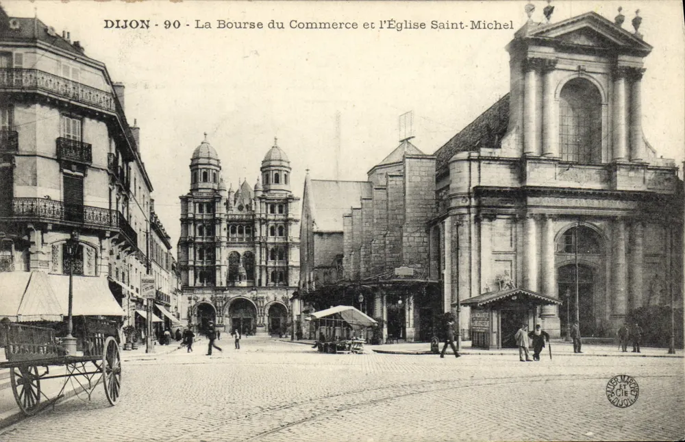 Dijon - La Bolsa del Comercio y la Iglesia de San Miguel — editor Eugène Marchet & Cie - Anverso