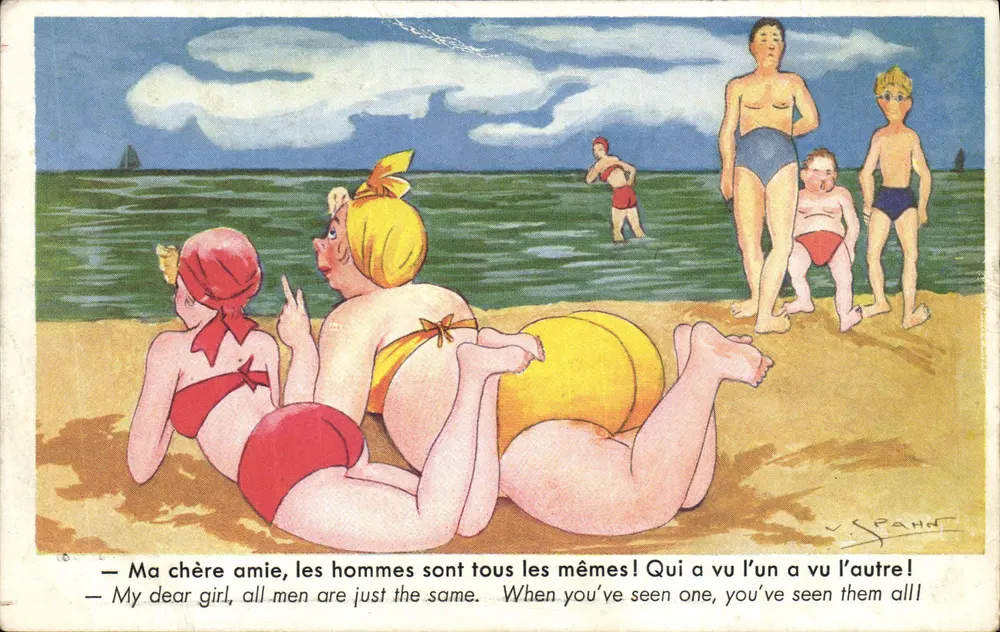 Strand — Karikatur zweier Frauen, die plaudern — V. SPANN - Vorderseite