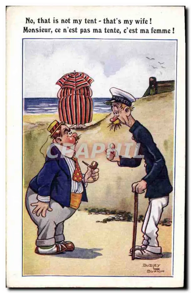 Banhistas na praia — caricatura de um marinheiro e de um homem com uma tenda — editor Inter-Art Co. série 'COMIQUE' n° 2946 - Frente