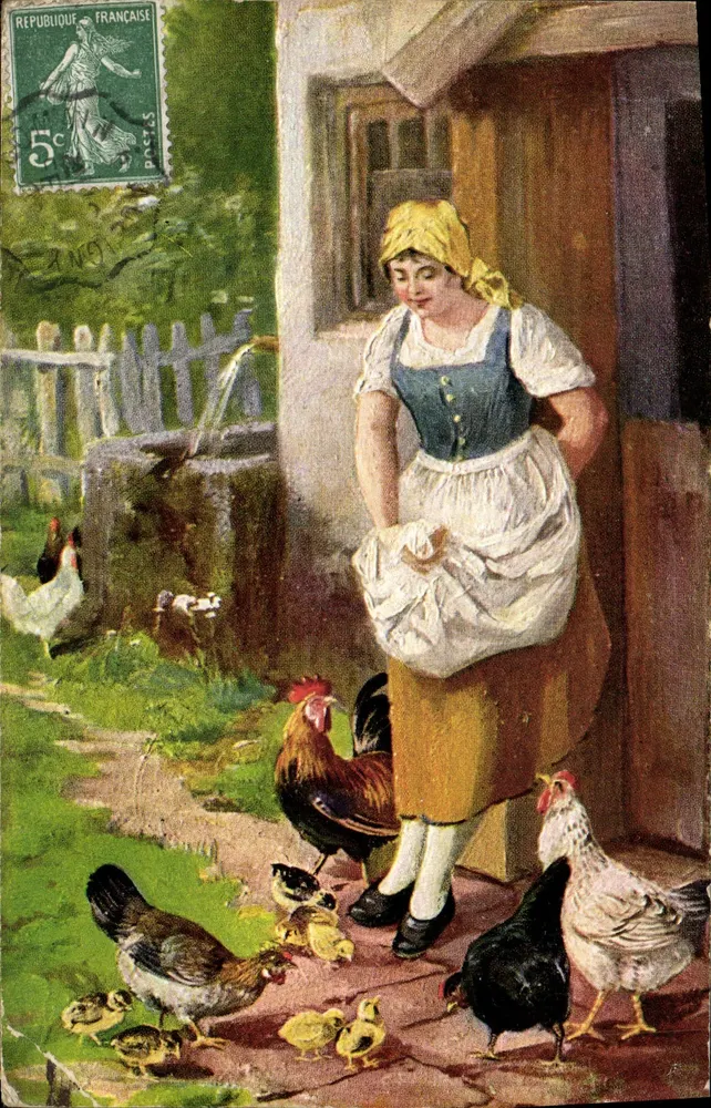 Femme campagnarde avec poules — scène de ferme — éditeur Théo. Stroefner, Nürnberg, série 644 - Frente