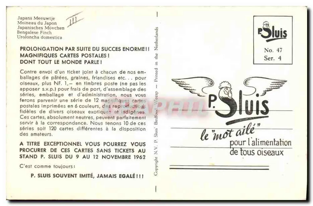 Moineau do Japão — Bengalese Finch — P. Sluis, No. 47, Ser. 4 - Verso
