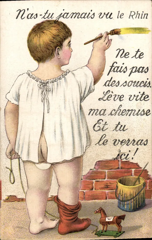 Criança pintando o Reno — carta humorística — editor não visível - Frente