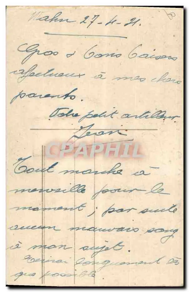Criança pintando o Reno — carta humorística — editor não visível - Verso