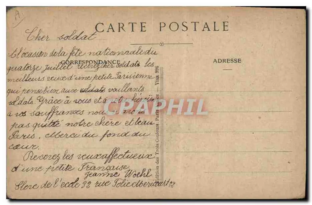 Donna con scialle e berretto nero — VIVE LA FRANCE ! — Edizione dei Tre Confeurs, Parigi, n° 986 - Verso