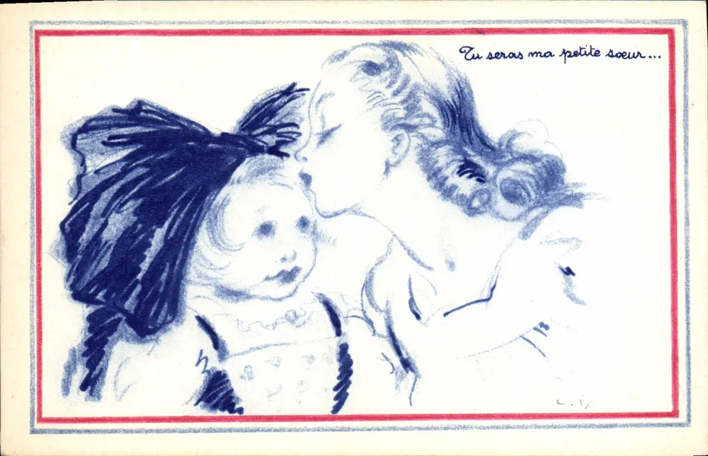 Irmã e irmãzinha — ilustração azul — Comitê Nacional da Criança, Paris - Frente