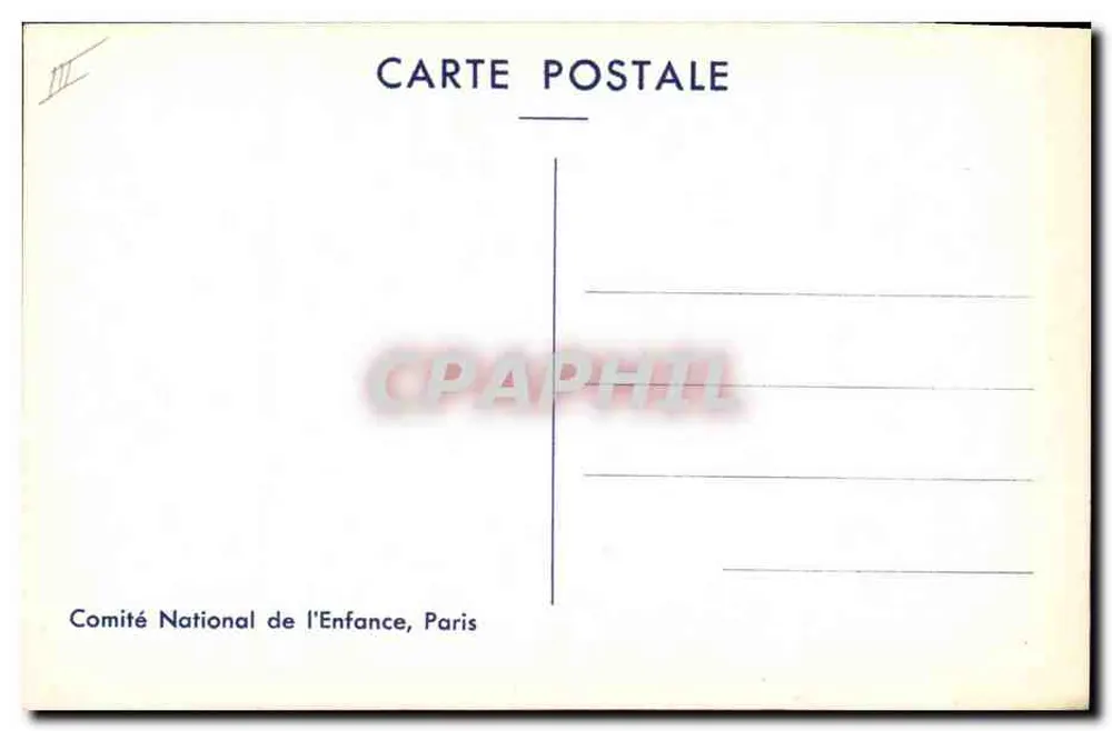 Irmã e irmãzinha — ilustração azul — Comitê Nacional da Criança, Paris - Verso