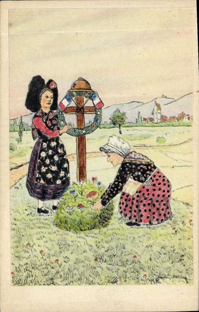 Zwei Frauen vor einer Kreuz — mit der französischen Flagge dekoriert — Verlag A. Jaegy, Dannemarie, Nr. 11 - Vorderseite