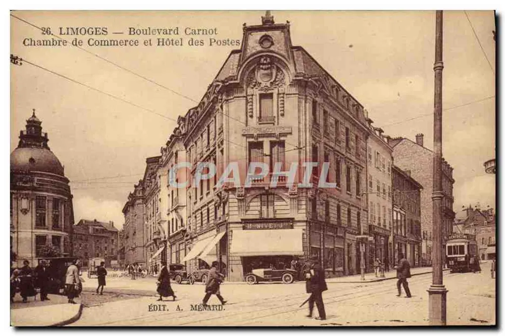 Limoges — Boulevard Carnot — Handelskamer en Postkantoor — Ed. A. Menard - Voorkant