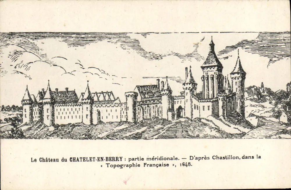 Schloss Chatelet-en-Berry — südlicher Teil — nach Chastillon, aus der « Topographie Française », 1648. - Vorderseite