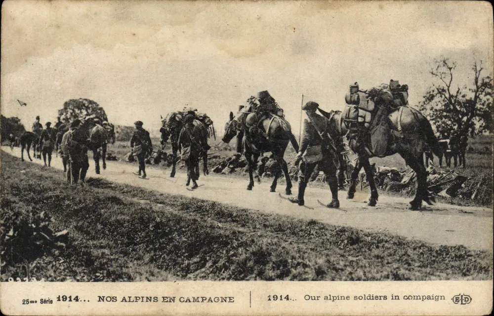 Unsere Alpen in der Feldzeit — alpine Soldaten unterwegs mit beladenen Pferden — Verlag E.P.D. Nr. 25me Serie 1914 - Vorderseite