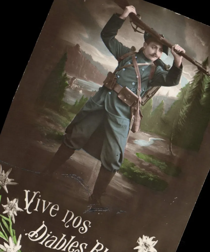 Soldat in Uniform — alpine Landschaft — Text 'Vive nos Diablies' — Verlag nicht sichtbar - Vorderseite