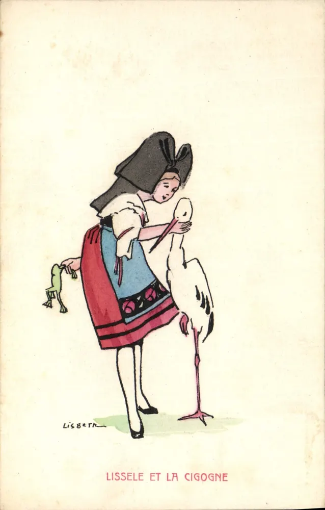 Lissele und der Storch — Märchenszene mit einem Mädchen im traditionellen Kleid, das einen Storch hält, signiert von Lissebeth, herausgegeben von Lissebeth - Vorderseite