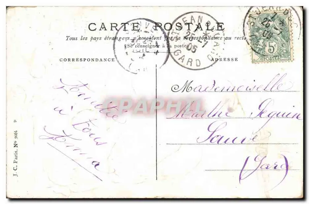 Pigeons et roses — Je pense à vous — J.C. Paris, No 1004 - Verso