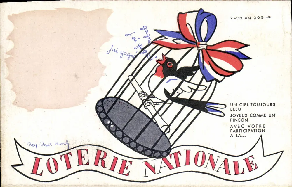 Loterie Nationale — pássaro em uma gaiola com fita tricolor — editor desconhecido, n° de série não visível - Frente