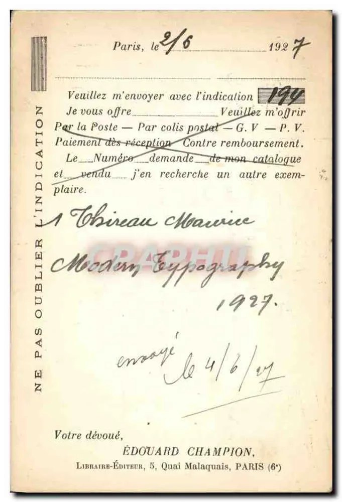 Bücherbestellkarte — Édouard Champion, Paris — Seriennummer 194 - Rückseite