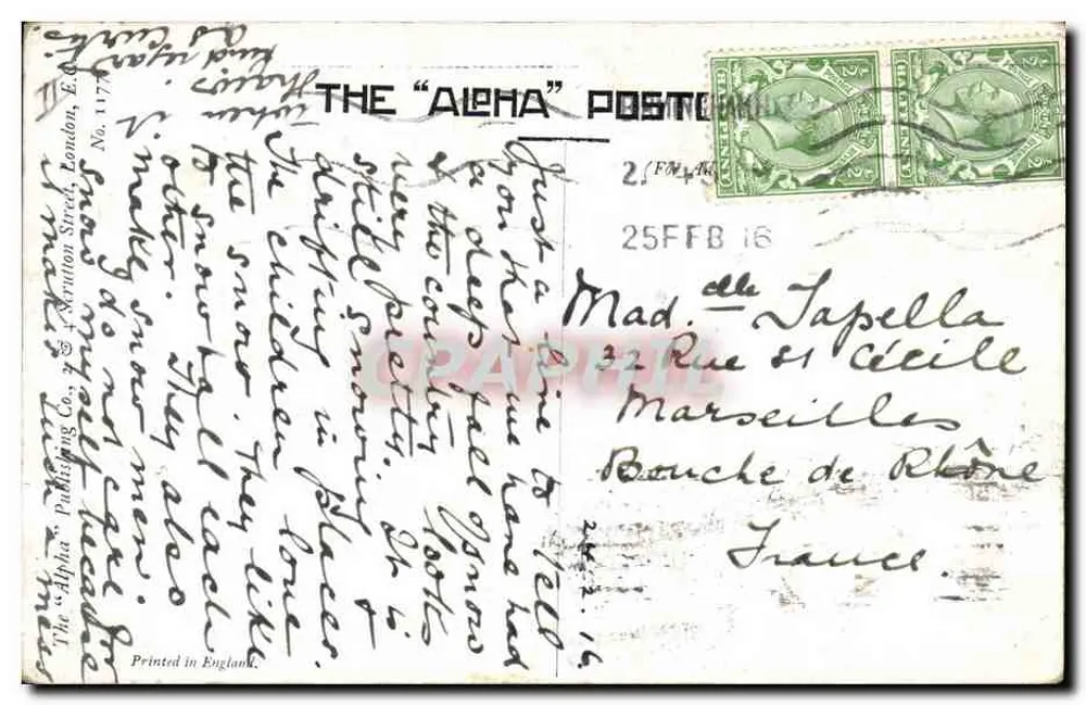 Engländer in Uniform — junge Frau in militärischer Uniform — Verlag The "Alpha" Postcard Co. (gedruckt auf der Karte) - Rückseite