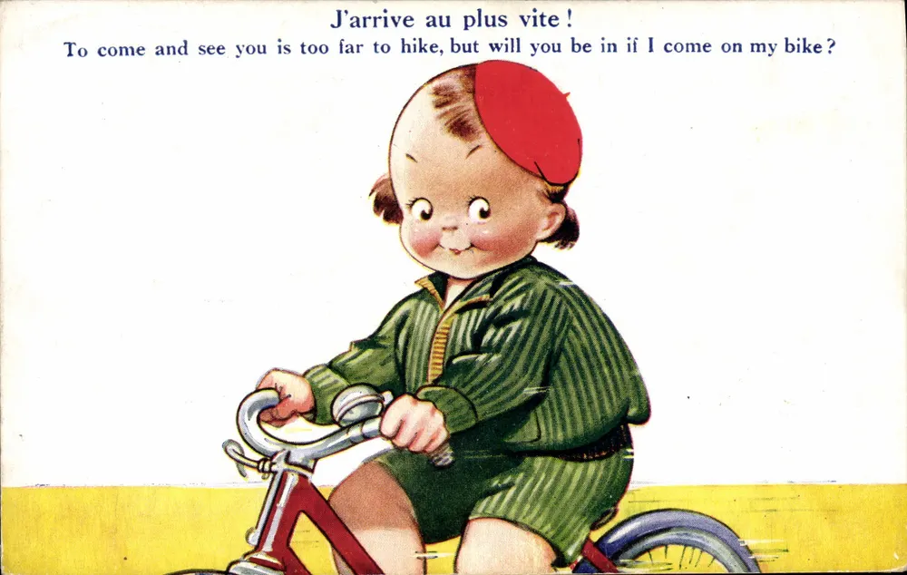 Kind auf dem Fahrrad — humorvolle Ansichtskarte — Verlag BC Card, n° 502 - Vorderseite