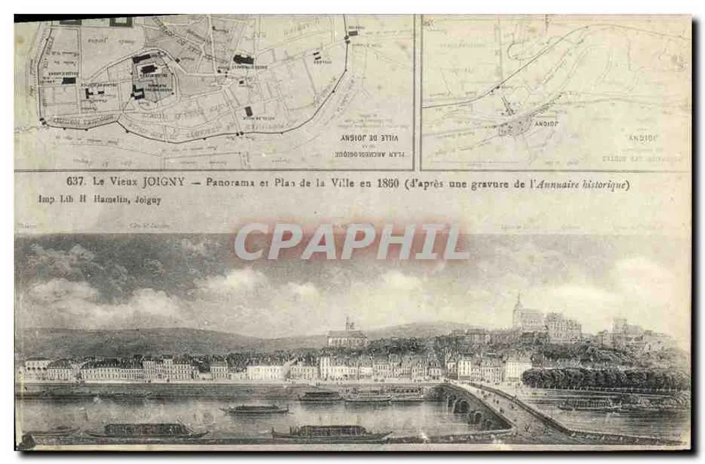 Alt JOIGNY — Panorama und Plan der Stadt im Jahr 1860 — Imp. Lib. H. Hamelin, Joigny - Vorderseite