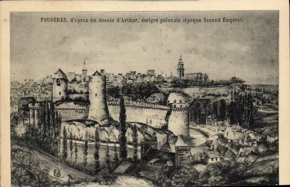 Fougères — Ansicht des Schlosses — nach einem Zeichnung von Arthur, polnischer Emigrant (Zweitreichszeit) - Vorderseite