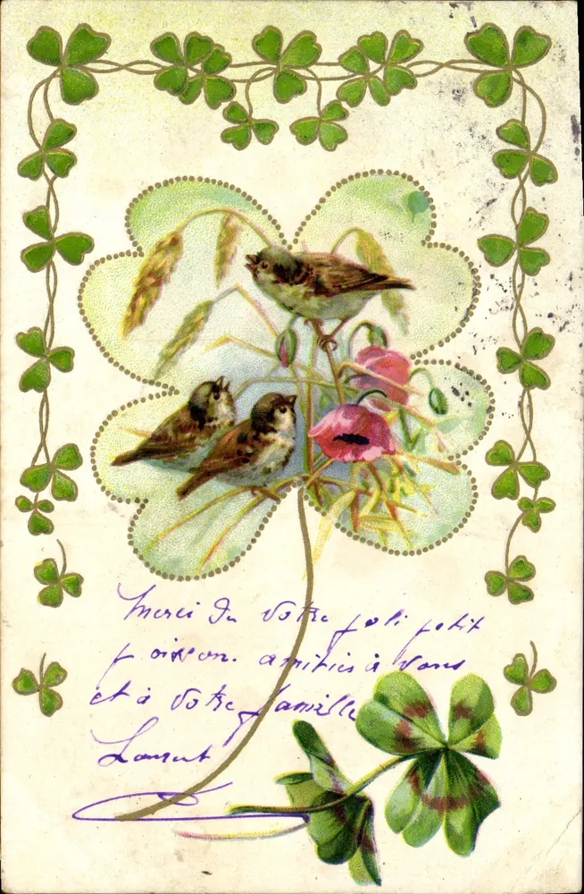 Trois oiseaux — scène de nature avec fleurs et trèfles — éditeur K.V.I.B. n° 600 - Frente