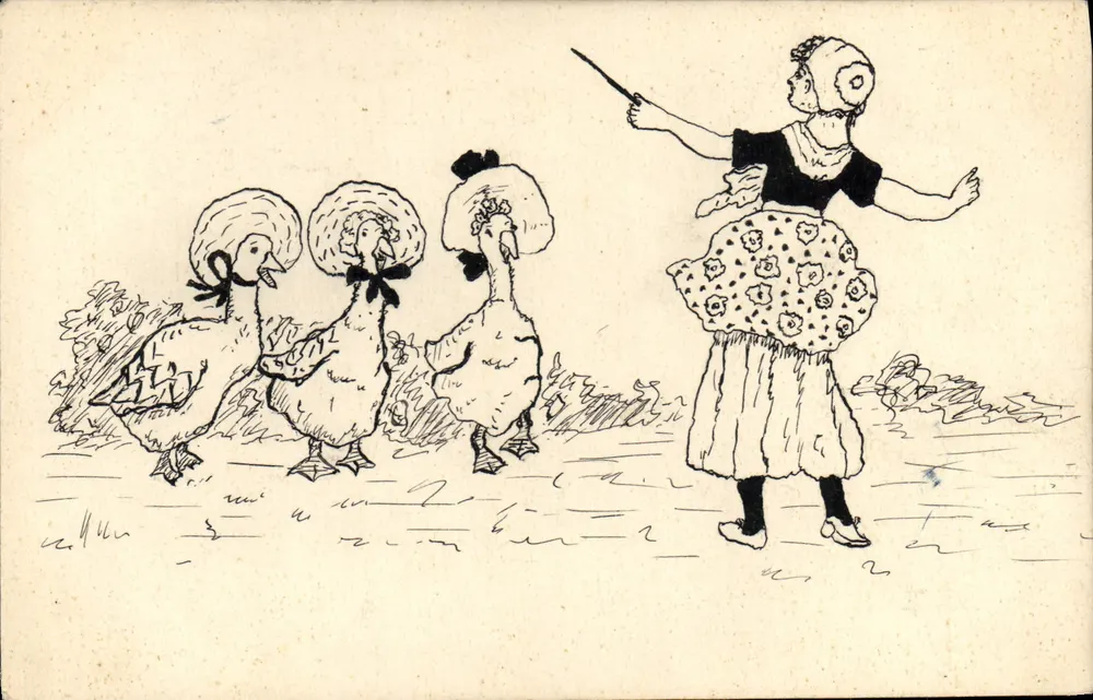 Mulher com avental estampado — conduzindo três patos com chapéus — desenho de L. Milla - Frente