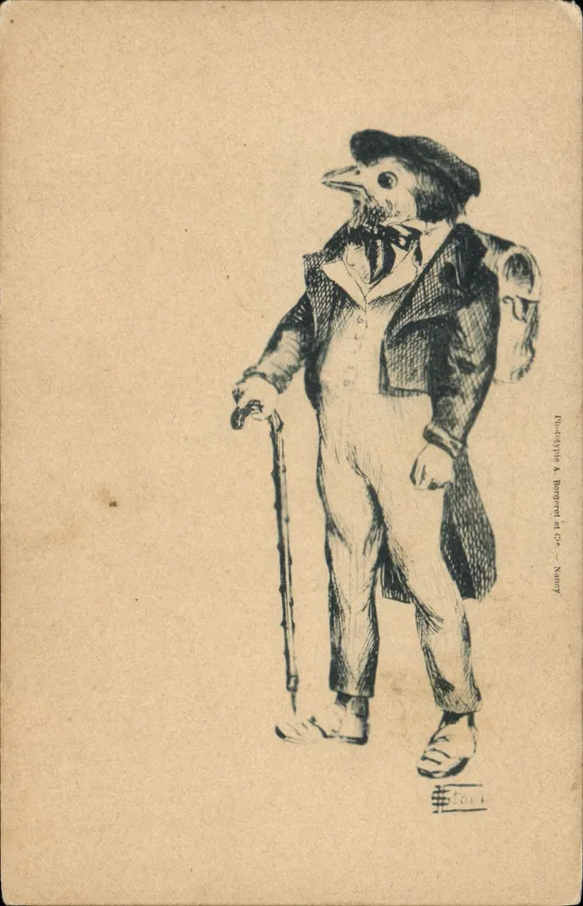 Ave com traje — caricatura — Pludotypie A. Bompard et Cie, Nancy - Frente