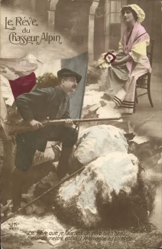 Der Traum des Alpinen Jägers — Berglandschaft mit Soldaten und Frau — Verlag JK, Nr. 3835 - Vorderseite