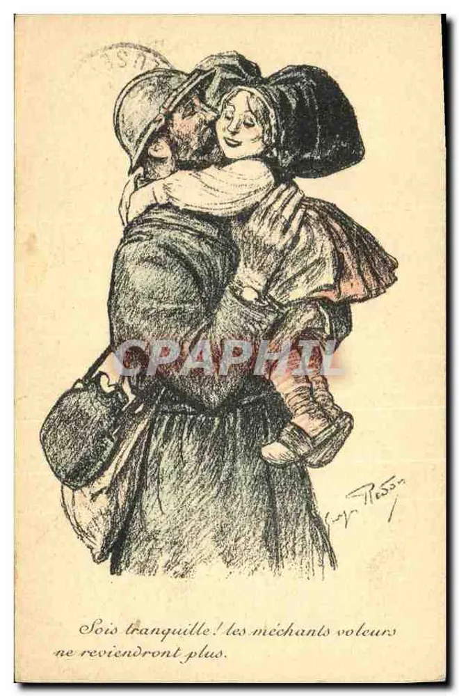 Soldado e mulher abraçados — desenho de Y. Resson — editor Devambez, N° 123 - Frente