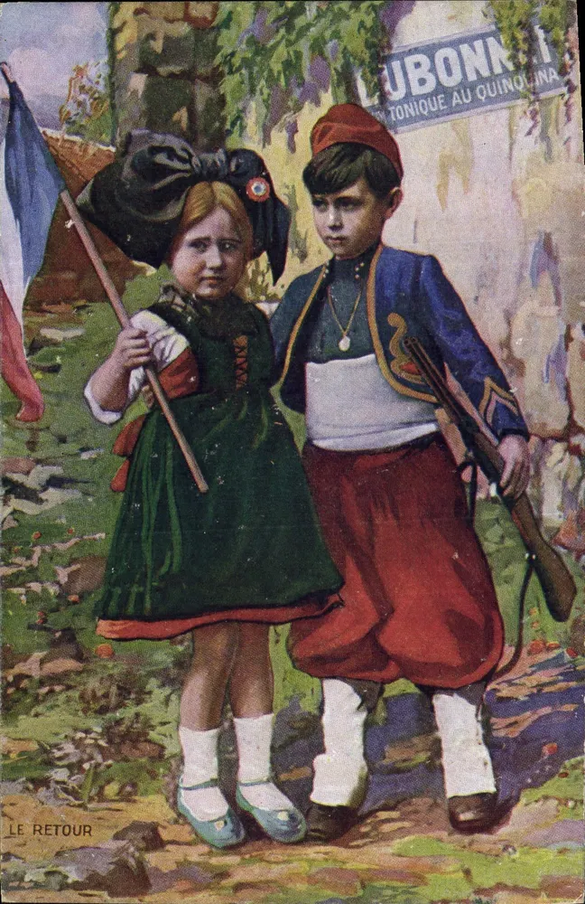 Dois crianças em traje de soldados — O Retorno — Editor Dubonnet, n° IV - Frente