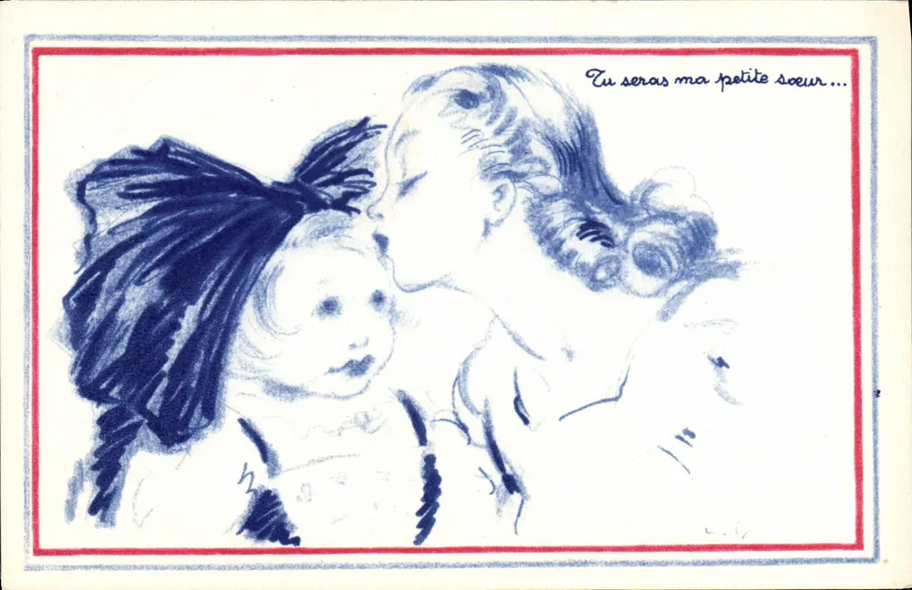 Frau, die ein kleines Mädchen küsst — 'Du wirst meine kleine Schwester sein...' — Comité National de l'Enfance, Paris - Vorderseite