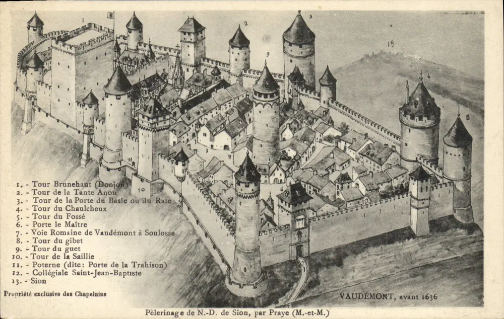 Vaudémont — Historische Ansicht des Schlosses und Dorfes vor 1636 — Pilgerung der N.-D. de Sion, von Praye (M.-et-M.) - Vorderseite