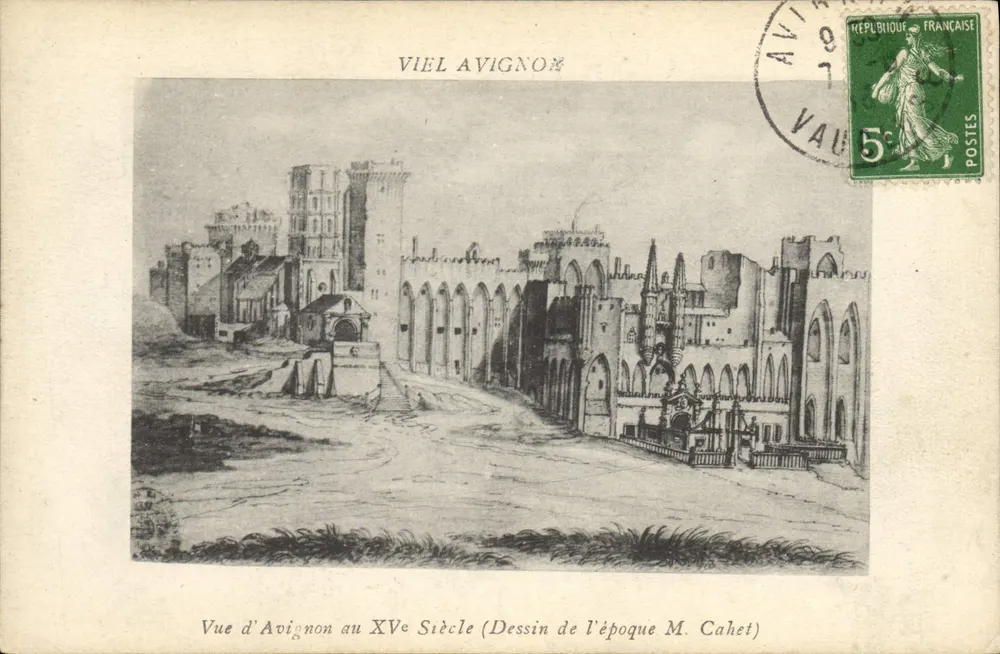 Vista de Avignon no século XV — Desenho da época M. Cahet — Editor não visível - Frente