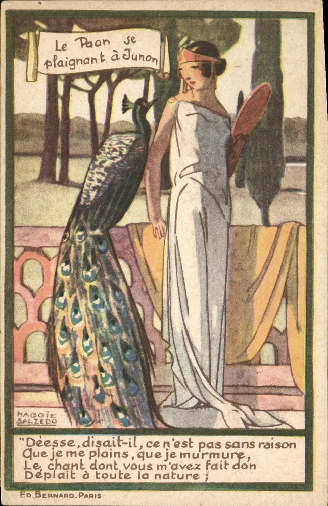 O Pavão reclamando a Junon — ilustração de Magoe Salzedo — Éd. Bernard, Paris - Frente