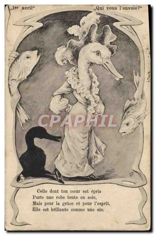 1º de abril — Poema sobre uma mulher-pássaro cercada de peixes — Editor Raphael Trunk & Fils Ltd, Série 480 - Frente
