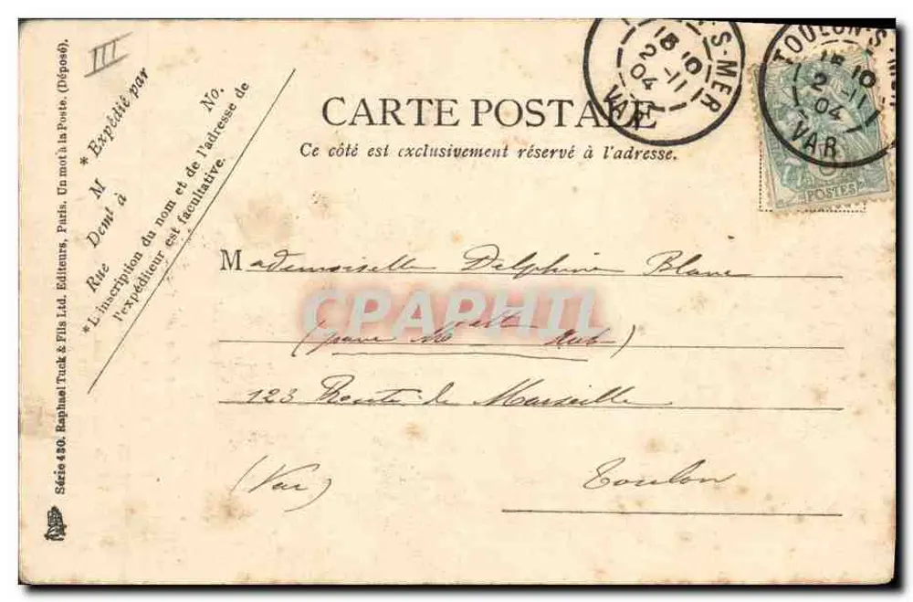 1º de abril — Poema sobre uma mulher-pássaro cercada de peixes — Editor Raphael Trunk & Fils Ltd, Série 480 - Verso