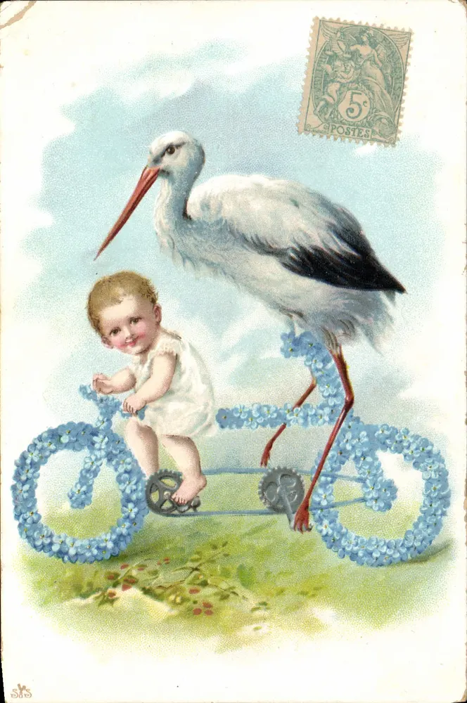 Bébé sur vélo décoré de fleurs — stork blanc en arrière-plan — éditeur non visible, timbre 5¢ POSTES - Frente