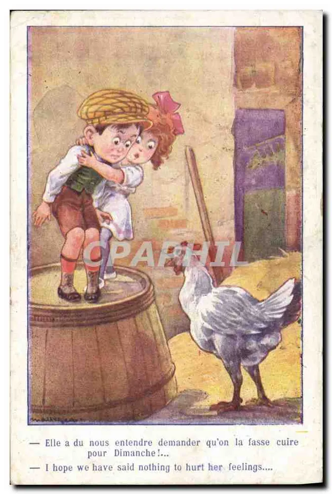 Crianças e galinha — cena humorística — editor não visível - Frente