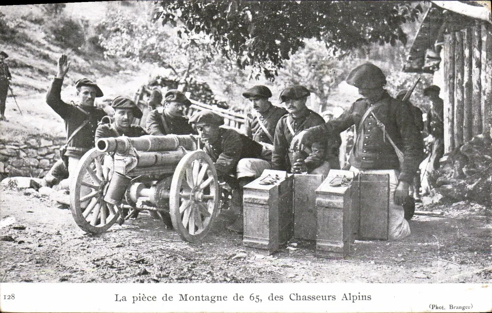 Die 65 mm Berggeschütz der Alpinisten — (Phot. Branger) — Nr. 128 - Vorderseite