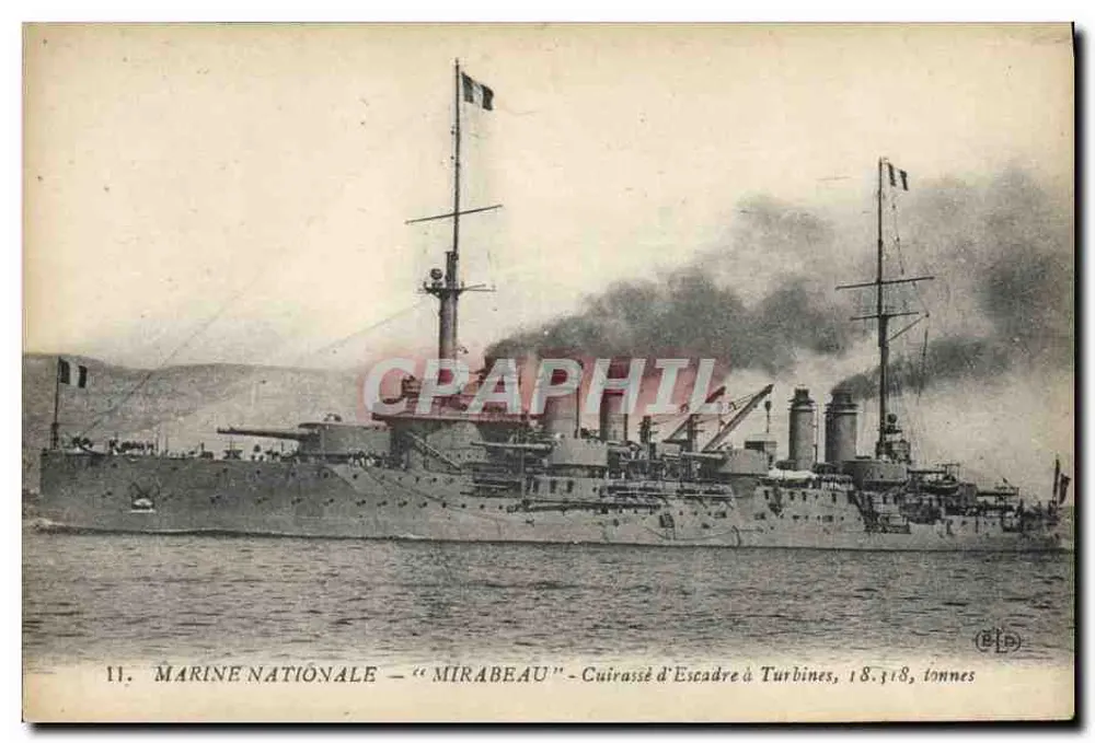 Panzerkreuzer "Mirabeau" — Marine Nationale — Schlachtkreuzer mit Turbinen, 18.318 Tonnen - Vorderseite