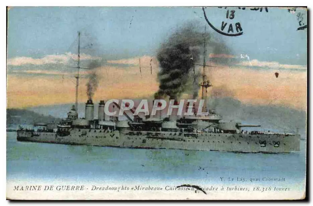 Dreadnought « Mirabeau » — dampfturbinengetriebenes Panzerschiff, 18.318 Tonnen — Y. Le Lay, Kai Cronstadt - Vorderseite
