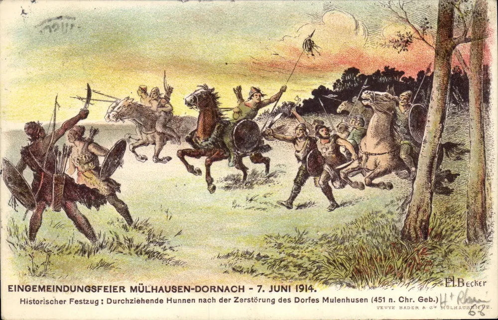 Hunnes atravessando Mülhausen-Dornach — Desfile histórico — Editor E. L. Becker, n° 68 - Frente