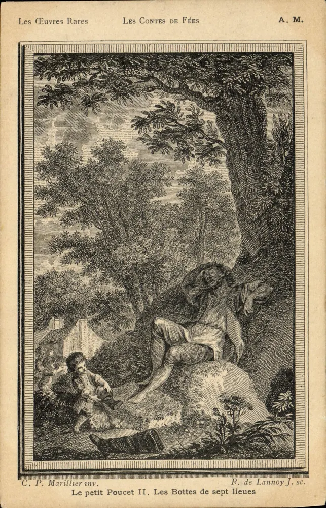 Der kleine Herrmann II — Die Sieben-Liga-Stiefel — Kupferstich von R. de Lannoy für Les Contes de Fées, herausgegeben von A. M. - Vorderseite