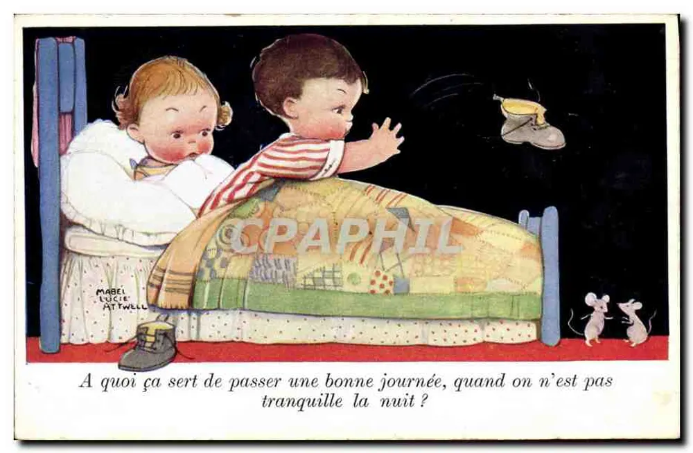 Zwei Kinder in ihrem Bett — Illustration von Mabel Lucie Attwell — Verlag Valentine's Post Card - Vorderseite