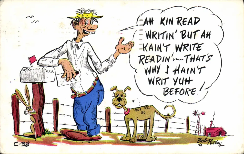 Mann und Hund vor Briefkasten — humoristische Karikatur — Bob Petley, C-38 - Vorderseite
