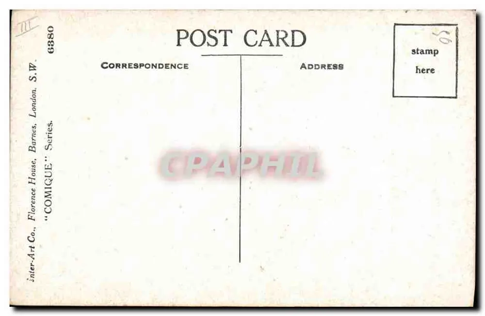 Dois homens em conversa — caricatura humorística — "COMIQUE" Série, Florence Art Co., Barnes, Londres - Verso