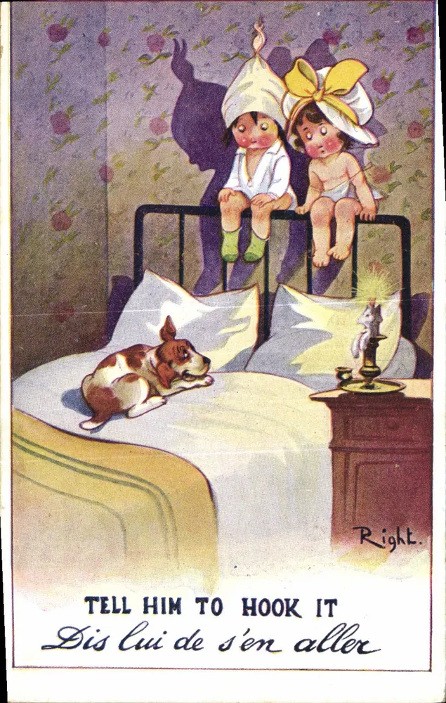 Zwei Kinder auf einem Bett — schlafender Hund — bilingualer Text — Verlag Right. — Nr. 2784 - Vorderseite