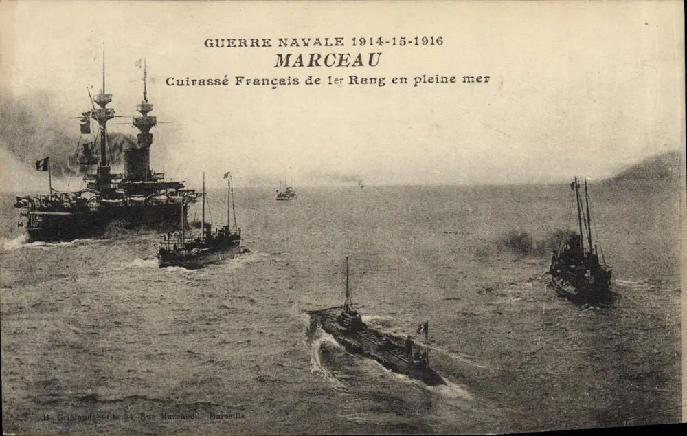 Französisches Kriegsschiff — Panzerkreuzer MARCEAU auf See — H. Grimaud & Cie, 34, Rue Mazaud, Marseille - Vorderseite