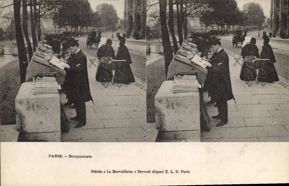 Paris — Bouquiniste — Estereoscópica « Le Merveilleux » Marcado E. L. D. Paris - Frente