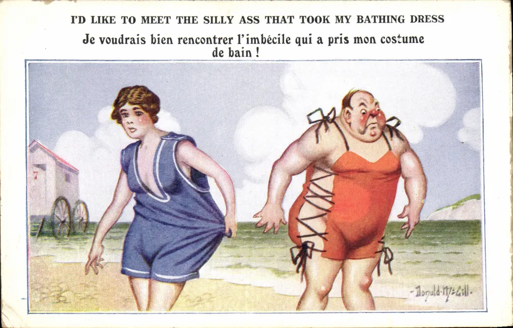 Frau im blauen Badeanzug und Mann im roten Badeanzug — Komik — Inter-Art Co., Florence House, Barnes, S.W. — N° 3581 - Vorderseite